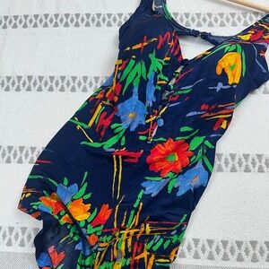 Vtg‎ SEARS 70s One Piece Retro Artsy Swimsuit Watercolor Neon Floral Navy Pinup